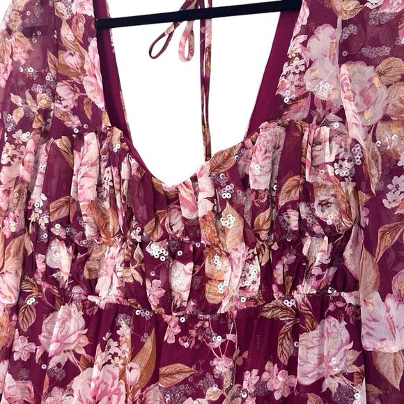 Altar’d State Womens‎ Burgundy Sequin Floral Maxi Dress Open Back Size Small - Picture 8 of 16